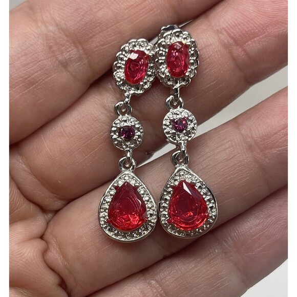 Teardrop Triple Drop Silver Tone & Pink Fuchsia Glass Statement Earrings New - Picture 1 of 6